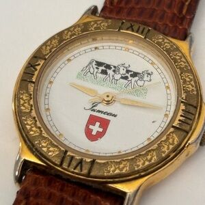 Ultra Rare Swiss Jumeau Gold Plated Ladies Quartz Watch Cow Flowers